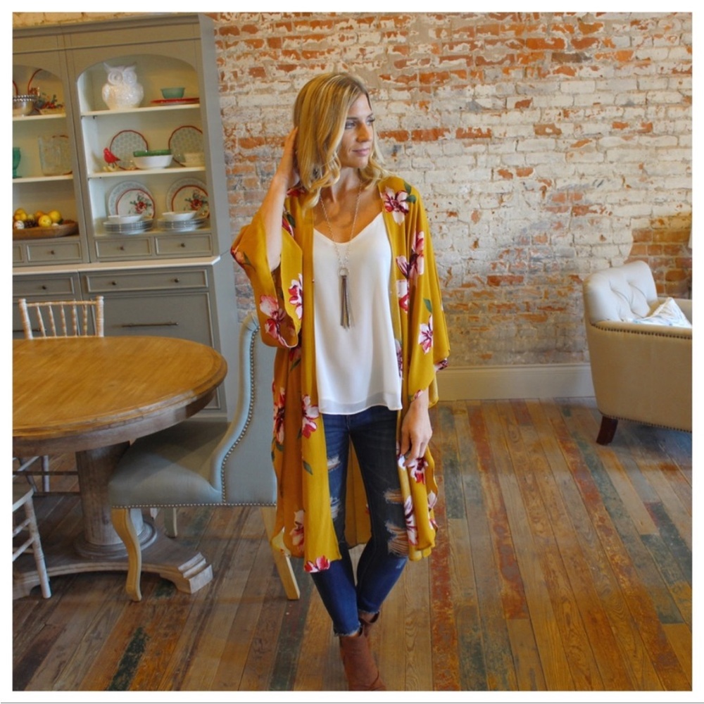 Mustard Floral Long Open Cardigan